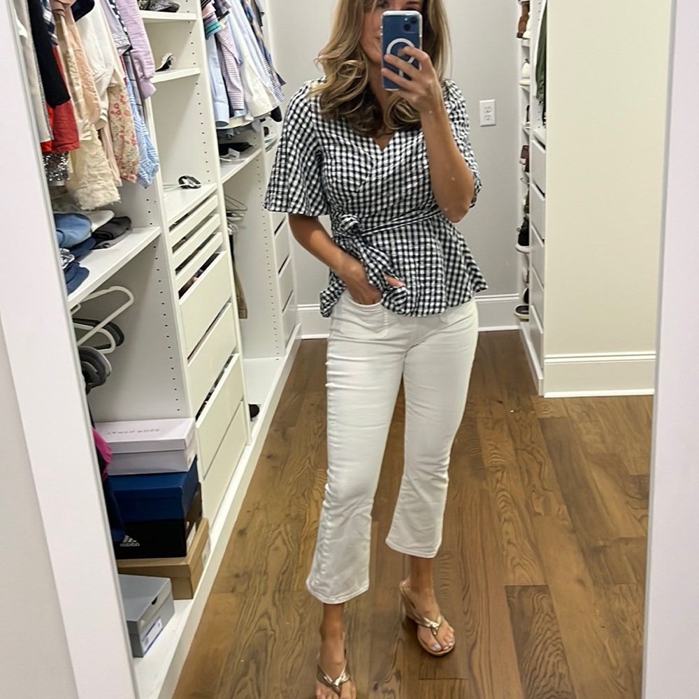 Loft plaid navy wrap top SMALL